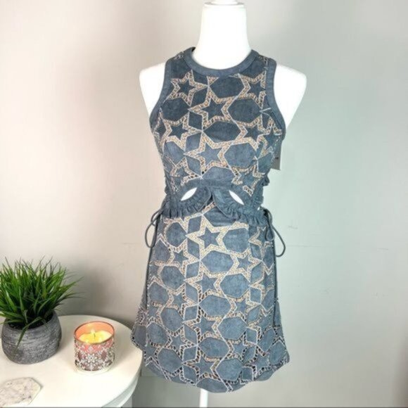 Self Portrait Womens Blue Cutout Star Suede Mini Dress size XS